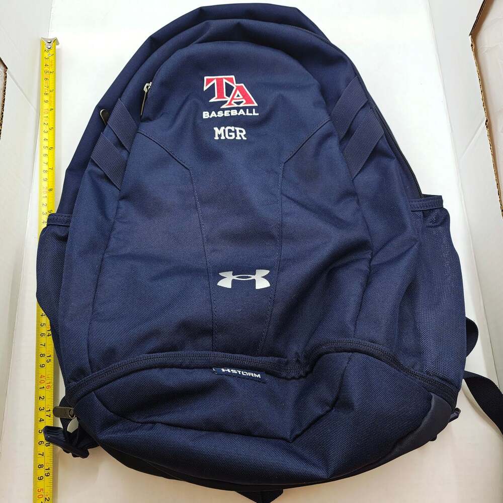 Under Armour Hustle 5.0 Team Backpack Navy Blue UA Storm Baseball Bag MGR Logo